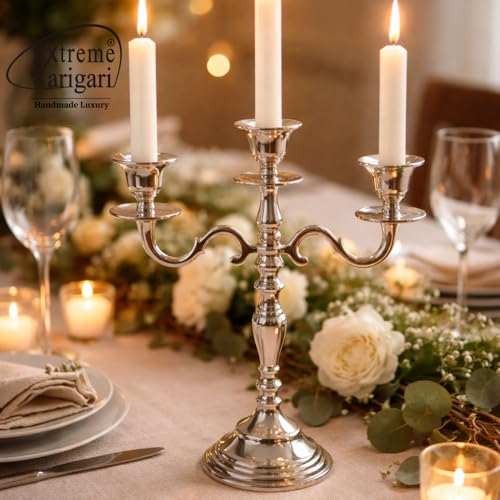 Image of 3 Arm Silver Candlestick Holder Stand | 12 Inch Metal Candelabra Candle Stand for Dining Table, Living Room, Wedding & Home Decor