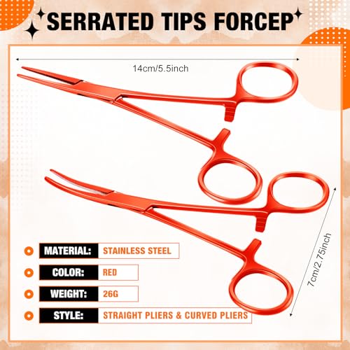 Image of BBTO Hemostat Curved and Straight Hemostat Forceps Piercing Pliers Forceps, Stainless Steel Straight and Curved Pliers, Fishing Tweezer (Orange,2 Pcs)