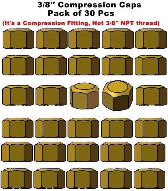 30-Pack Brass 3/8'' Compression Bathroom Angle Stop Shut-off Faucet Valve Cap, Sink Water Hose Cap Compression Fittings (Brass Color)