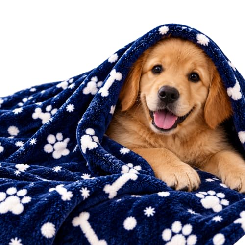 Image of Foodie Puppies Pet Blanket for Dogs & Cats - Navy Blue Paw Print Fleece Blanket, Soft Cozy Washable Cover for Puppies, Kittens & Pets | 39 x 30 Inch