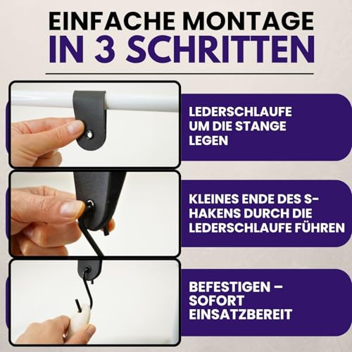 V VEJK ® 18 Haken Set – Kleiderhaken Stange – S Haken mit Lederschlaufe – Haken Garderobe für Flur, Bad, Küche – PU-Leder (Schwarz)
