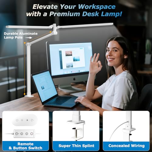 Image of Airlonv LED Desk Lamp, Double Swing Arm Wide Lighting Area Desk Lamps for Home Office with Stepless Dimming, Eye-Caring Architect Desk Light with Clamp for Reading, Study, Workbench, Drafting(White)
