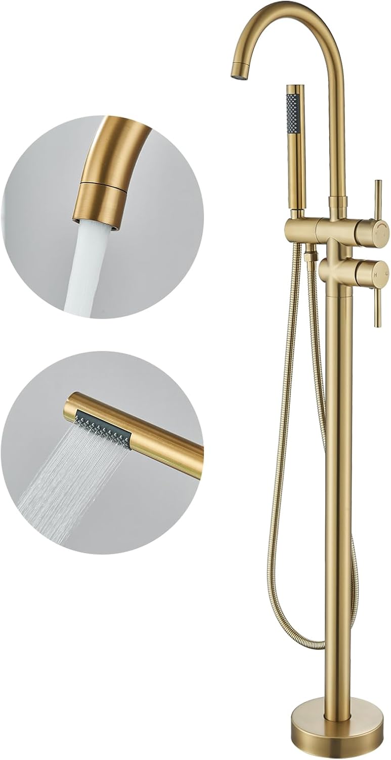 YAGATAP Freestanding Bathtub Faucet Floor Mount Tub Filler Brushed Gold High Flow Shower Faucets with Handheld Shower Mixer Taps Swivel Spout Brushed Gold High Arc