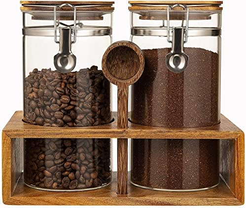 Yangbaga Glass Coffee Container with Wooden Shelf,2×45OZ Coffee a...