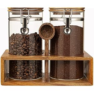 Yangbaga Glass Sugar Coffee Containers with Shelf, 2 x 45OZ Coffee Bean Canister Storage Station Organizer with Airtight Locking Clamp and Log Coffee Scoop, Large Capacity Food Storage Jar for Kitchen