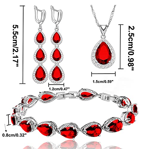 Lmxxvj Necklace Long Earrings Bracelet Set, White Gold Plated Created Blue Sapphire Jewelry Set Wedding Party Gift Jewelry For Women Bridal Bridesmaid (Ruby Red) #TOP4
