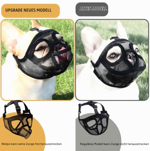 Französische Bulldogge Maulkorb, dellyy Mesh Dog Muzzle für Französische Bulldogge, Deutscher Schäferhund und Dogue de Bordeaux (Schwarz, S)