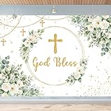 7x5FT Greenery God Bless Backdrop First Holy Communion Baptism Party Decorations Background White Floral Gold Glitter Christening Party Baby Shower Newborn Photography Banner
