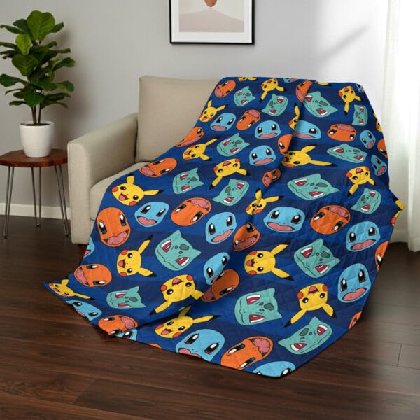 Image of Northwest Pokemon Striped Favorites Quilted Throw Blanket - Oversized Blanket Featuring Pikachu, Charmander, Bulbasaur & Squirtle, Soft and Comfy for Bed, Couch, 60 x 80 Inches