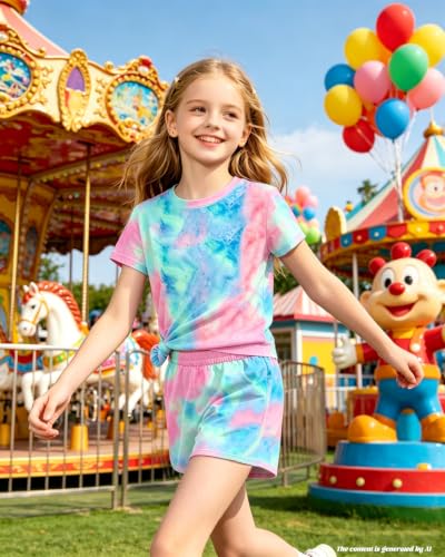 Image of Bestuline Girls Summer 2 Piece Outfits,Basic Short Sleeve Top & Shorts Set with Side Pockets,4-14Y