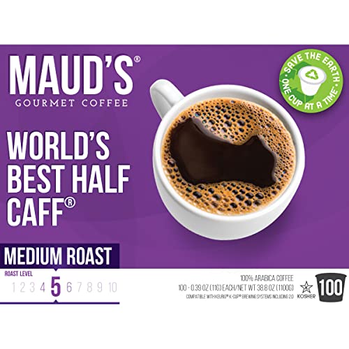 Maud's Half Caff Coffee (World's Best Half Caff), 100Ct. Solar Energy Produced Recyclable Single Serve Medium Roast Half Caff Coffee Pods – 100% Arabica Coffee California Roasted, Kcup Compatible #TOP3