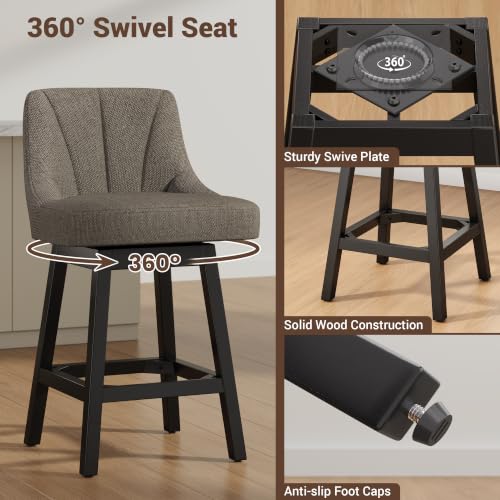 Image of YaFiti 26 inch Fabric Swivel Bar Stools Set of 4 with Back &Wood Leg,Deep Taupe | Linen Fabric, Extra Upholstered Seat, Counter Stool, Square Solid Wood Legs, with Backrest & Footrest, for Kitchen Island Bar