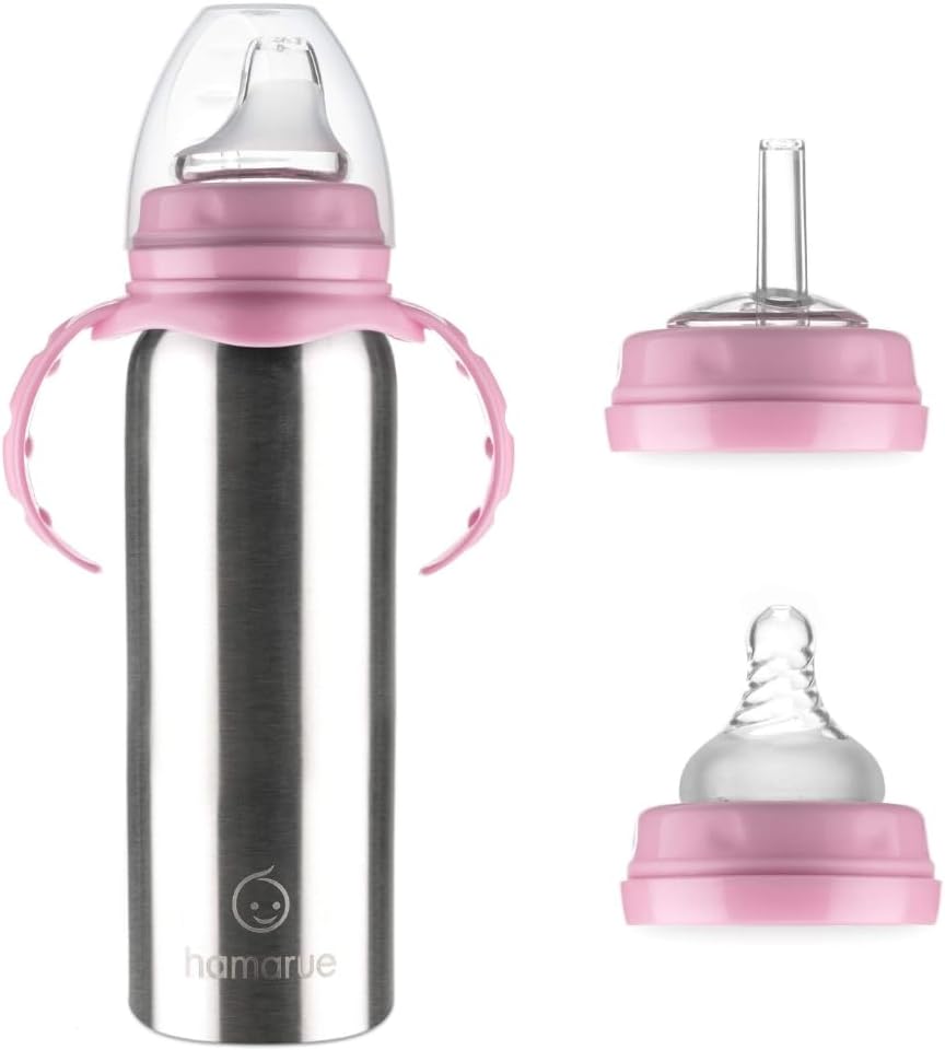 3-in-1 Stainless Steel Baby Bottle – Converts from Newborn Bottle to Sippy Cup to Straw Cup, Ages 0–4, Leak-Proof, 8 oz Pink