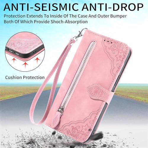 Ephoou Capa carteira para Xiaomi Redmi A5 com porta-cartões e bolso com zíper, capa flip de couro PU à prova de choque com alça de pulso e suporte e fecho magnético para Redmi A5 4G SZY-rosa