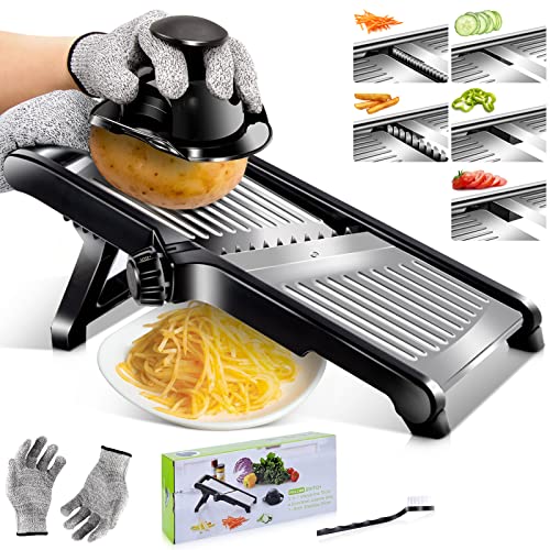 HEVOL Adjustable Mandoline Slicer, 5 in 1 Stainless Steel Food Slicer with Extra Brush & Cut-Resistant Gloves, Vegetable Chopper Julienne Slicer for Kitchen Carrot Potato Onion Cheese French Fry