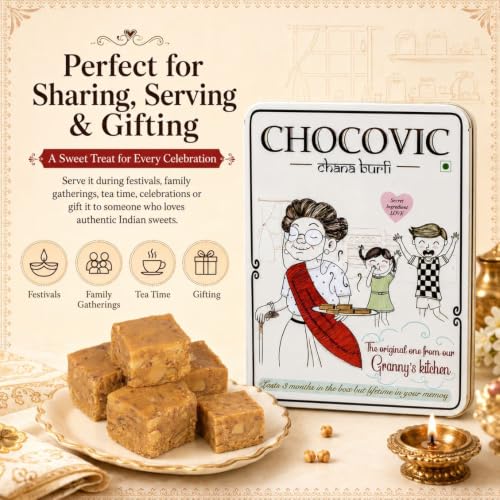 Image of Chocovic Roasted Chana Burfi 800 g Tin Box - Authentic Punjabi Sweet, Traditional Indian Mithai Made with Roasted Chana, Fresh & Delicious Dessert with No Added Preservatives
