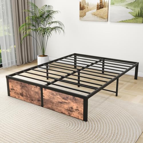 VERFARM Marco de cama de metal con plantilla de madera vintage, marco de cama con somier de láminas para dormitorio, habitación de invitados, fácil montaje, sin ruido, no requiere muelle, 140 x 200 cm