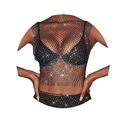 Yokawe Rhinestone Mesh Top Black Sparkly Crystal Tank Tops See Through Bikini Cover Up Nightclub Party Raver Outfits