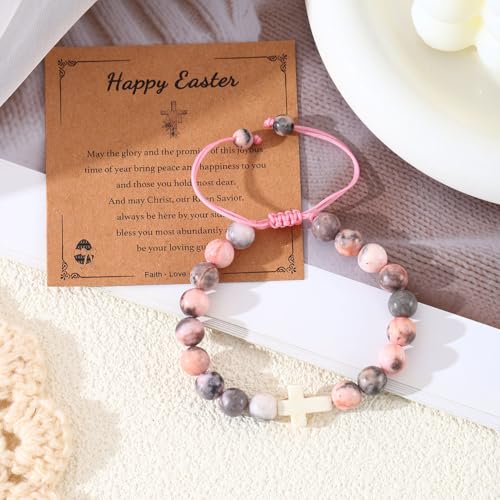 Image of enasal Easter Basket Stuffers for Teens Girls, Nature Stone Easter Gifts Cross Bracelet, Christian Gifts Inspirational Jewelry