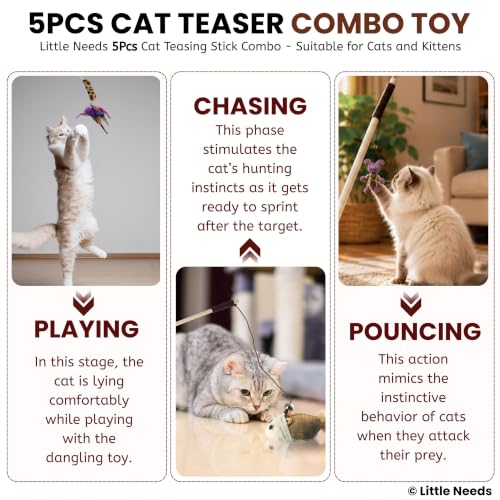 Image of Interactive Cat Teaser Stick Combo of 5 - (Mouse Bell, Stripe, Brown Rabbit, Sisal Mouse & Pink Puppy) with Attached Bell | Fun, Engaging Toy for Cats & Kittens | Indoor & Outdoor Play