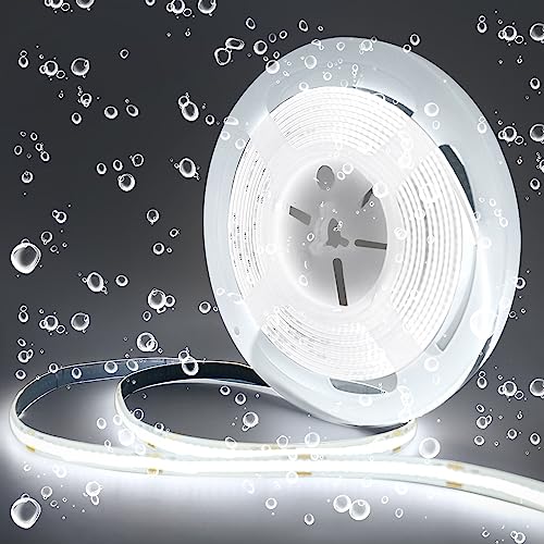 Arote COB LED Strip 24V Waterdicht Koud wit 6000K 5m, COB led-strip IP65 Dimbaar Hoge Helderheid 320LEDs/m voor Slaapkamer Keuken Huis Interieur Decoratie, Voeding Niet Inbegrepen