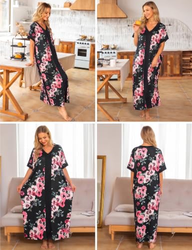 Image of Bloggerlove Women Nightgowns Cotton Caftan House Dress Short Sleeve Sleepwear Vacation Beach Moo Moos Dress with Pockets