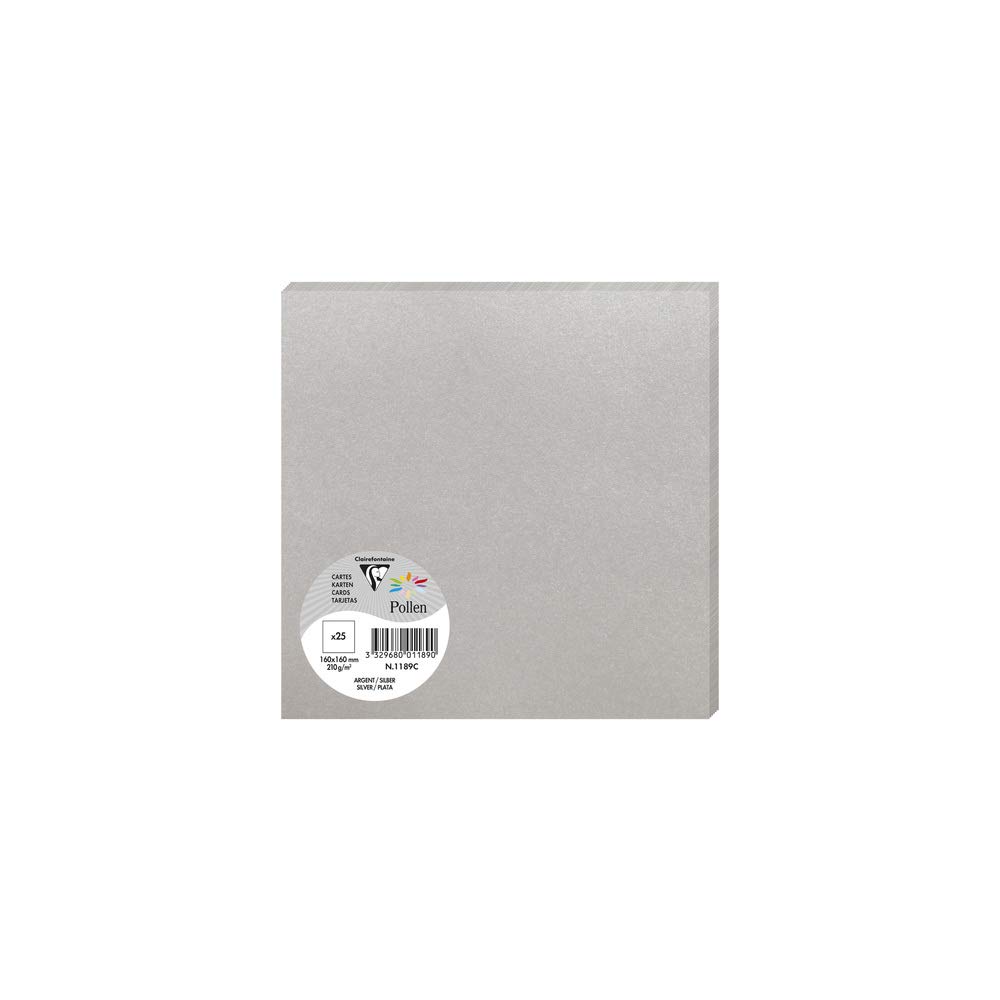 Clairefontaine 1189C Silver Iridescent Paper Pack of 25 Plain Cards Square 16x16cm 210gsm Invitation Correspondence Cards Pollen Range Premium Smooth