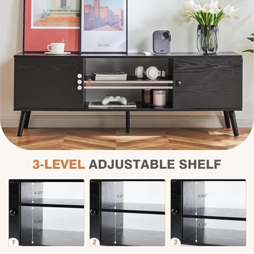 Image of Sweetcrispy TV Stand for 55 60 inch TV, Modern Mid Century Entertainment Center with Storage Cabinet, Media Console Table for Living Room, Soft Hinge, Handle Door, Wooden Office Furniture, Tank