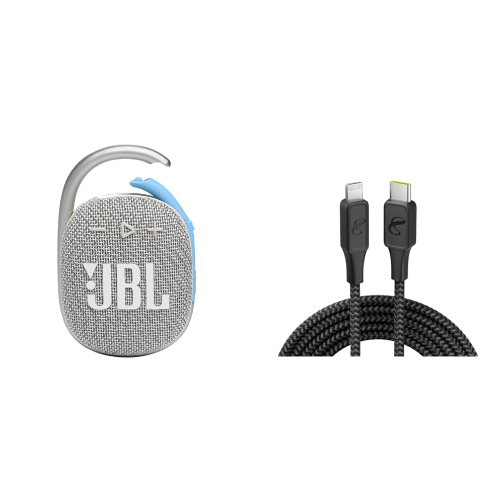 JBL Clip 4 Eco - Ultra-Portable Waterproof Speaker (White) and InfinityLab InstantConnect USB-C to Lightning - 20W PD Fast Charging Cable for iPhone and iPad - Black