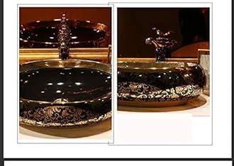 B BACKLINE Ceramic Oval Shape Table Top Vessel Sink Over Counter Wash Basin (24 X 16 X 6 Inch, Black Gold)