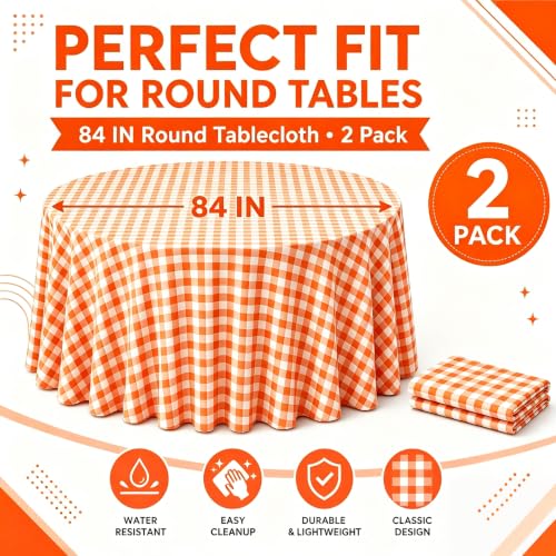 Image of WNINK 2 Pack Orange Gingham Round Tablecloth, 84 Inch Disposable Plastic Table Covers, Orange Checkered Round Table Cover for Birthday Parties, Holiday, Picnic, BBQ, Family Gathering Party Supplies