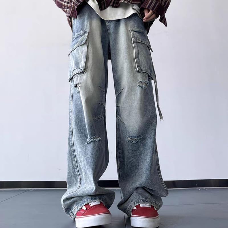 Men's Cargo Baggy Jeans Y2k Ripped Straight Leg Denim Pants Fashion Hip Hop Grunge Clothing Blue2