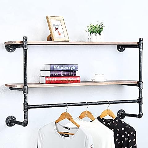 JIANZHUO Industrial Pipe Clothing Rack Wall Mounted with Wood Shelf,Retail Garment Rack Display Rack,Pipe Shelving Floating Shelves 42in Clothes Racks Cover
