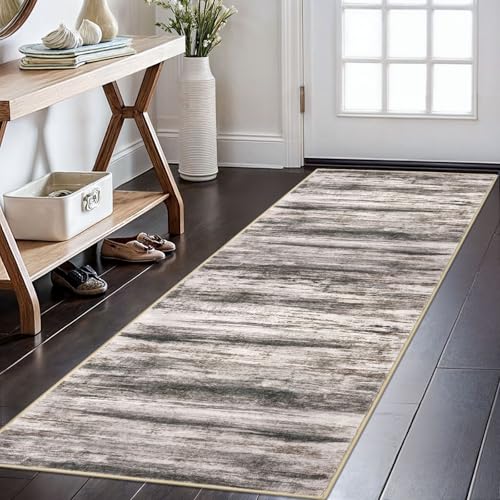 KOZYFLY Modern Abstract Runner Rugs 2x6, Washable Rug Runner Non-Slip Soft Kitchen Rugs, Print Distressed Blcak Brown Carpet Runner for Entryway Bathroom Laundry Room Foyer