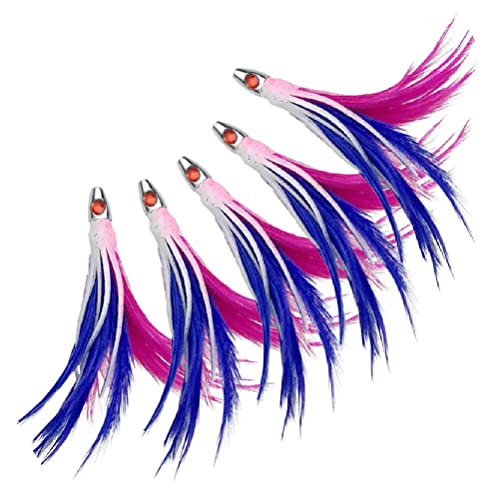 OCEAN CAT 5 inches Daisy Chain Trolling Lures with Brid Feather Teaser Saltwater Offshore Big Game Trolling Lure Bag for Marlin Tuna Mahi Dolphin Durado Wahoo Mesh (5 Pcs Pink&Blue Teaser (NO Bag))