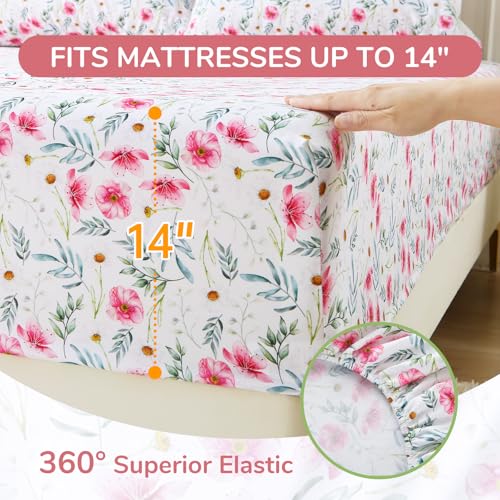 Image of MUXHOMO King Size 4 Piece Sheet Set, Soft & Breathable Sheet for Bedroom with Deep Pocket Up to 16 inch, Wrinkle-Free & Cooling Bed Sheets with Flat Sheet, Fitted Sheet & Pillowcases - Pink Daisy