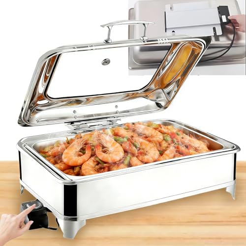 VFDZ Chafing Dish Elettrico, 9L Professionale Scaldavivande Elettrico per Buffet in Acciaio Inox, Contenitore Scalda Cibo per Buffet, Feste e Banchetti, Temperatura Regolabile 35-85℃(FULL PAN)