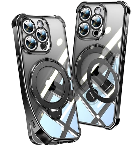 Image of Soft Case for iPhone 14 Pro with 360 Rotating Magnetic Stand, Compatible with Mag-Safe, 4X MIL-Drop Protection, Lightweight Glossy Anti-Yellowing Clear Back Phone Cover for iPhone 14 Pro 6.1 inch, Black