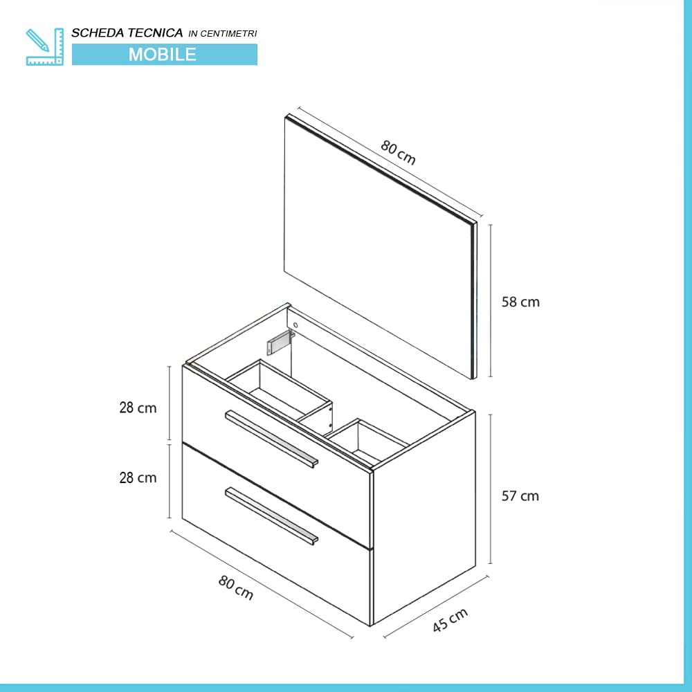 Inbagno Mobile Bagno sospeso 80 cm, Bianco Lucido 2 cassetti, Completo di lavabo e Specchio