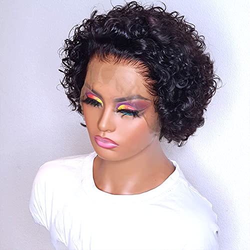 BOSDIOS8 inch Pixie Cut Wigs Short Curly Lace Front Wigs Human Hair For Black Women 13×1 Pixie Cut HD Lace Front Wigs Human Hair 150% Density Glueless Pre Plucked Bleached Knots With Baby Hair