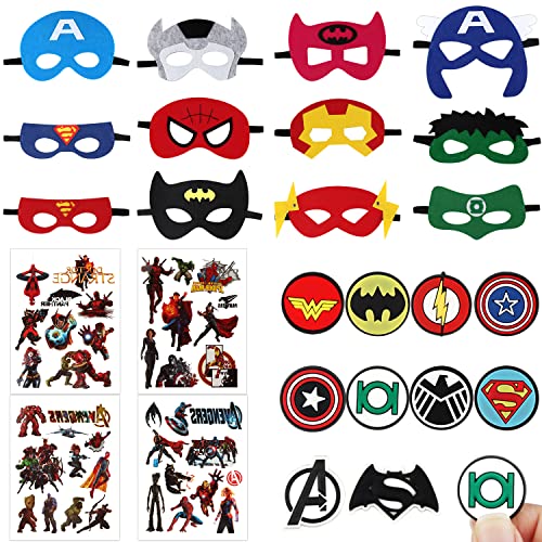 Masques en Feutre Cosplay,Masque à Anniversaire Enfant,12 Pièces Masques pour Enfants,6 Sheet Tatouage Temporaires,10 Epingles de Bouton,Convient pour Les Fêtes d'Anniversaire, Halloween Cover