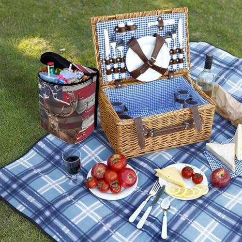 Image of Talayituse 3D Deer American Flag Print Car Trash Can with Adjustable Straps, Foldable Car Trash Bag Bin Car Garbage Bag Multipurpose Storage Box for Vehicle Travel Camping Picnicing