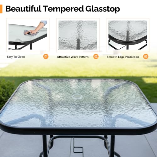 Image of VINGLI Glass Patio Table with Umbrella Hole, 32 inch Square Outdoor Dining Table Steel Tempered Glass Patio Tables Outdoor Tables for Balcony Garden Deck