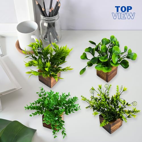 Image of Decorebugs Artificial Potted Plants in Wooden Pot (4 Pack) Eucalyptus Plants Small Plants for Home Decor | Office Decor |DB-8148