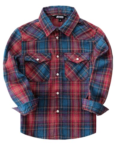 JOGAL Boys Western Shirt Long Sleeve Pearl Snap Plaid Shirts Lightweight Flannel Shirts for Kids 6-14 Years RedBlueDG 8