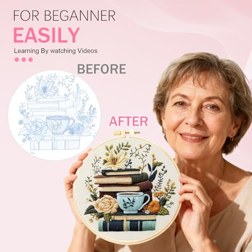 Image of Huacan Flowers Embroidery Kit for Beginners Stamped Books and Flowers Pattern Cross Stitch Kit with Instructions