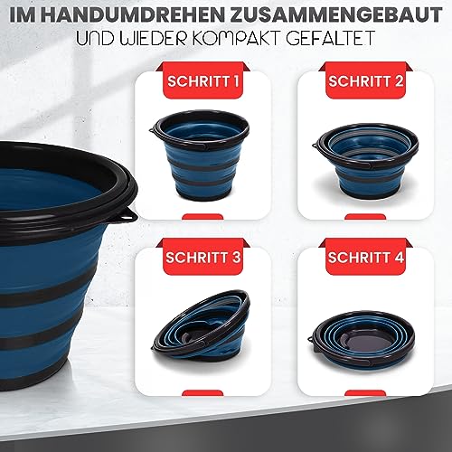 Pantelej Faltbarer Silikoneimer 10L mit Griff und 2 Verstärkungsringen, Schwarz-Blau