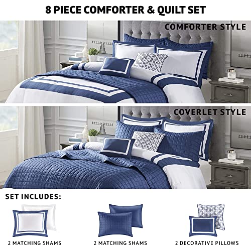 Image of Madison Park Heritage Comforter Quilt Combo Set - Modern Luxury Design, All Season Down Alternative Bedding, Matching Shams, Decorative Pillows, Full /Queen(90 inchx90 inch), Color Block Navy 8 Piece