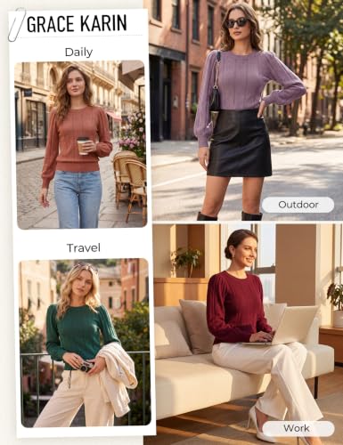 Image of GRACE KARIN Fall Sweaters for Women 2026 Puff Long Sleeve Crewneck Dressy Casual Tops Crochet Hollow Out Cute Pullover Blouse
