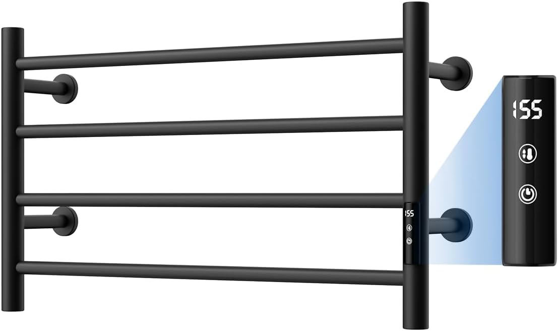 QAOYEDE Towel Warmer Rack with Lntelligent Touch Screen Timer, Fast Heating Heated Towel Racks for Bathroom, Plug-in Wall Mounted Heated Towel Bar Matte Black